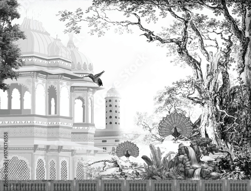 Indian Mughal hand drawn floral garden with arch and peacock illustration for invitation