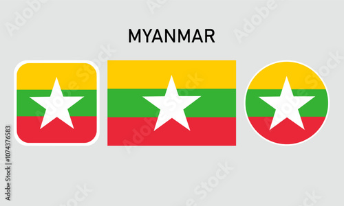 A set of myanmar flags in square, rectangular and round shapes. Flag icon. Standard color. Vector illustration.