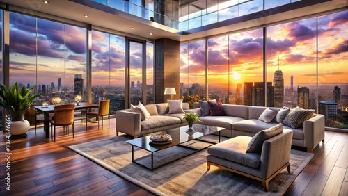 Modern Penthouse Living Room with City Skyline View at Sunset - Luxury Interior Design