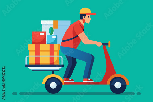 A man rides a scooter loaded with colorful boxes, delivering goods through a lively city environment, Man on scooter with goods cart, flat illustration.