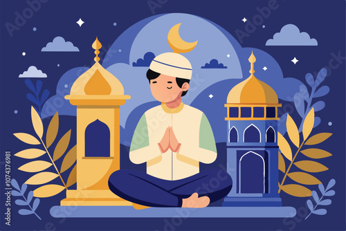 A man is praying with hands clasped, wishing for blessings during Ramadan and Eid al-Fitr at night, Man praying, wishing happy Ramadan and Eid al-Fitr. Flat illustration.