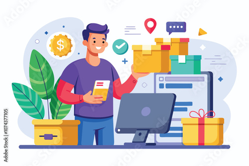 A man uses his smartphone to order items online while organizing his workspace with plants and packages, Man purchasing items online and transferring payment, flat illustration.