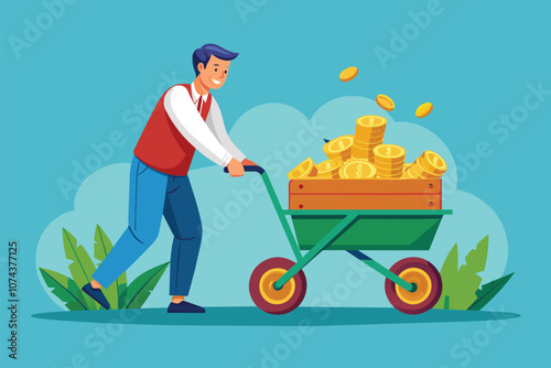 A man is energetically pushing a cart overflowing with shiny gold coins in a lively outdoor setting, Man pushing cart with gold coins, flat illustration.