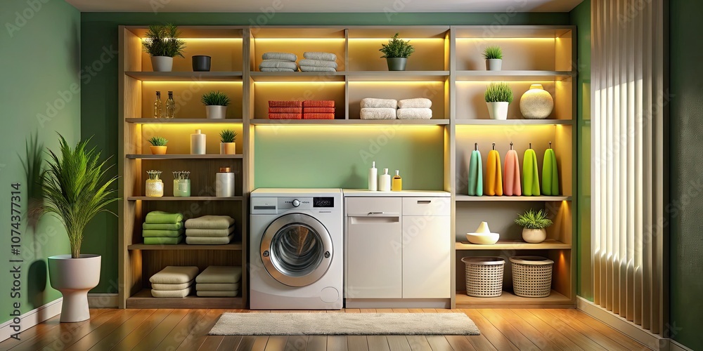 Modern Washing Machine in a Stylish Laundry Room with Detergents and Accessories Modern Washing Machine in a Stylish Laundry Room with Detergents and Accessories