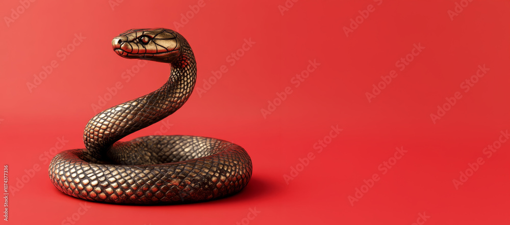Fototapeta premium Golden Snake Figurine Close-Up on Red Background. Detailed close-up of a golden snake figurine with intricate scales and a textured finish on a vibrant red background.