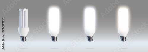 Compact fluorescent lamps set isolated on background. Vector realistic illustration of switched on and off cfl light with shadow, energy saving home or office illumination equipment, modern technology