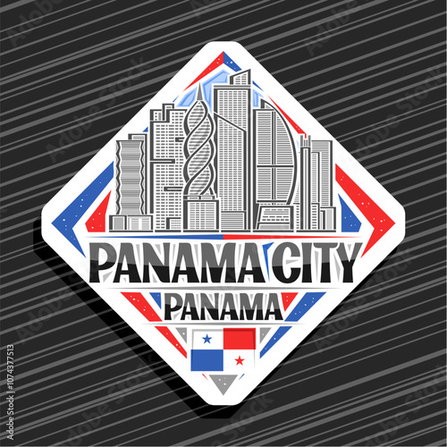 Vector logo for Panama City, white rhomb road sign with line illustration of famous american cityscape, art design tourist refrigerator magnet with unique lettering for black text panama city, panama