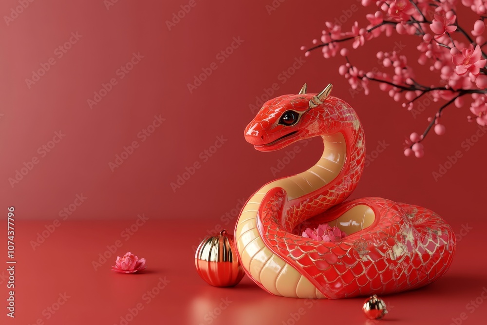 Stylized red and white snake in floral decor on a red background, symbolizing the Chinese New Year Stylized red and white snake in floral decor on a red background, symbolizing the Chinese New Year