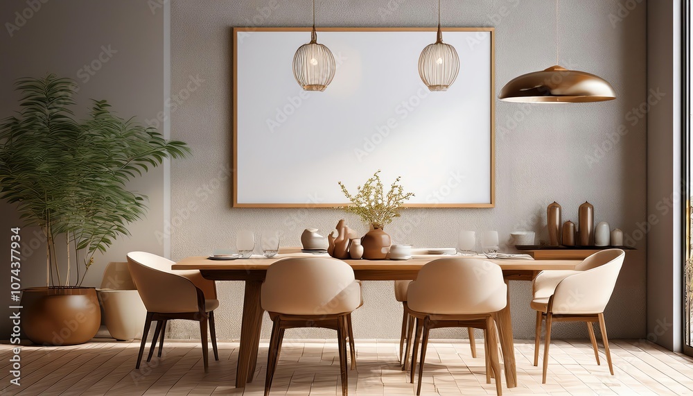 A modern dining room featuring a large wooden table, stylish chairs, hanging lights, and decorative elements against a textured wall.