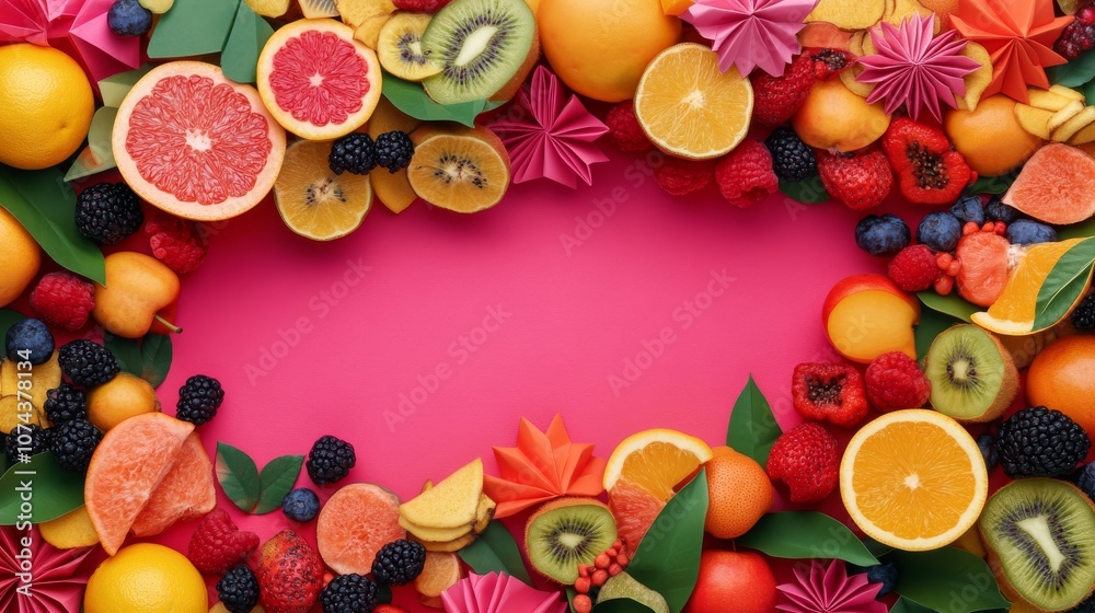 Vibrant arrangement of assorted fruits including oranges, kiwis, and berries on a bright pink background. Vibrant arrangement of assorted fruits including oranges, kiwis, and berries on a bright pink background.