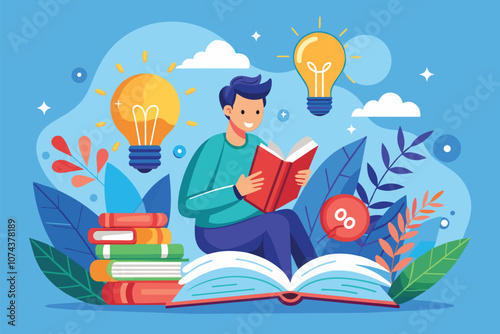A man is deeply engrossed in reading a book while surrounded by light bulbs and vibrant greenery, Man searching for idea in book, flat illustration.