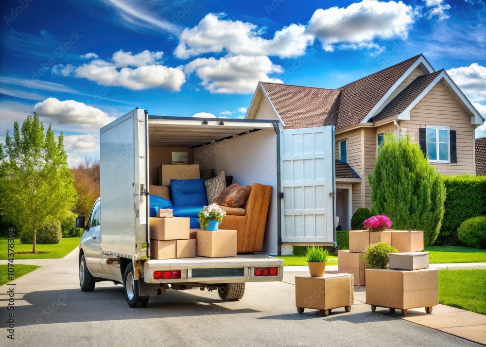 Moving Day: A Van Loaded with Boxes and Essentials for a New Home Moving Day: A Van Loaded with Boxes and Essentials for a New Home