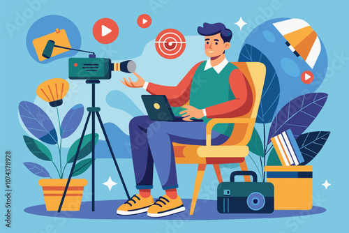 A man is sitting in a chair, using a laptop to engage with a microphone and camera for content creation, Man sitting on chair with mic and camera, flat illustration.