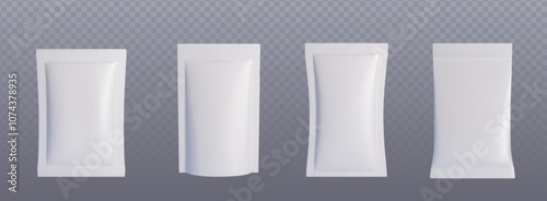 White pouch bag mockup set on transparent background. Realistic 3d vector various shapes and sizes of blank sachet plastic package templates for food or cosmetic products branding and identity design.
