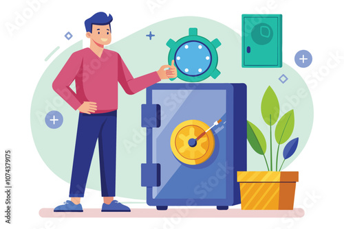A man stands next to a safe box, engaging with its features in a bright, contemporary interior space, Man standing by safe box, flat illustration.