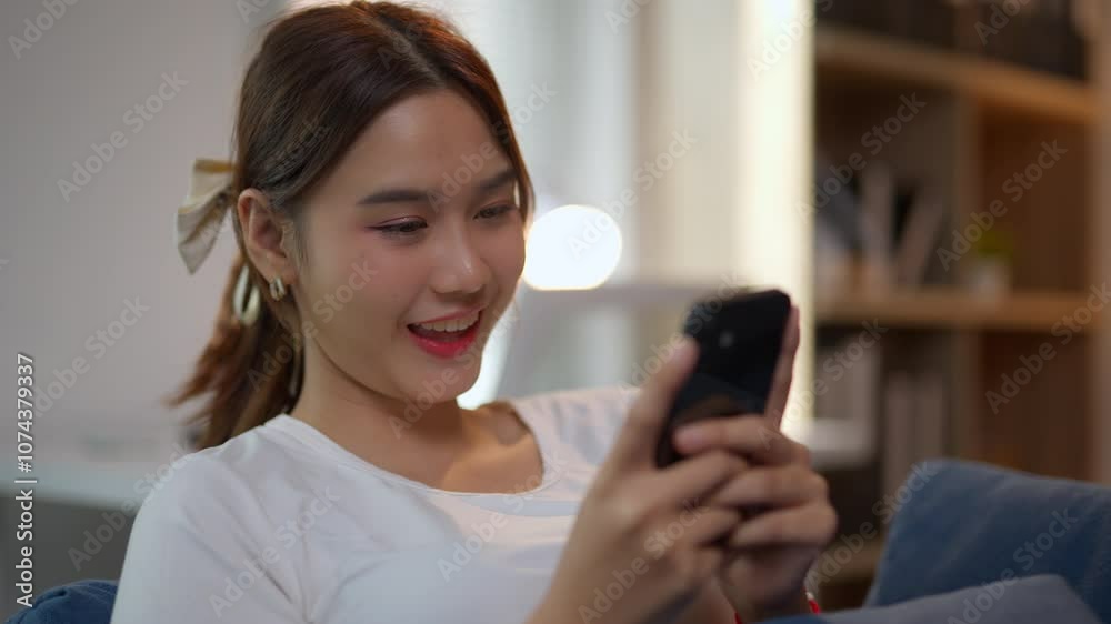 Young woman showcasing a variety of emotions while interacting with her smartphone in a cozy living room setting Young woman showcasing a variety of emotions while interacting with her smartphone in a cozy living room setting