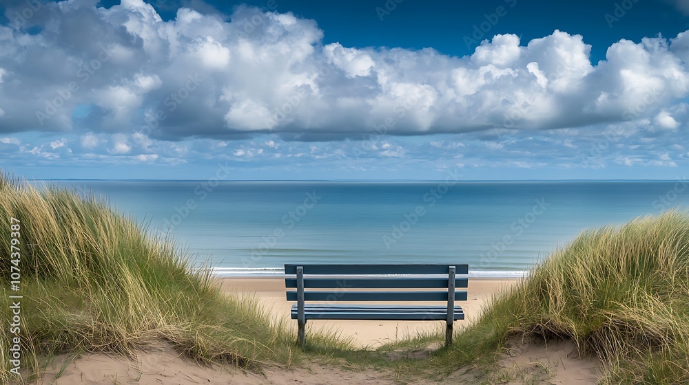 empty wooden bench sits on the sandy shore, framed by dune grass and driftwood, with the vast blue sea stretching out ahead and soft clouds drifting above empty wooden bench sits on the sandy shore, framed by dune grass and driftwood, with the vast blue sea stretching out ahead and soft clouds drifting above
