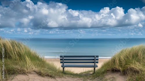 empty wooden bench sits on the sandy shore, framed by dune grass and driftwood, with the vast blue sea stretching out ahead and soft clouds drifting above