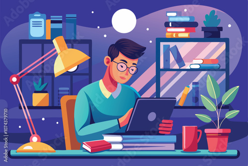 A student is focused on studying at home, using a tablet and surrounded by books and a warm desk lamp, Man studying at home with tablet, book, and study lamp.