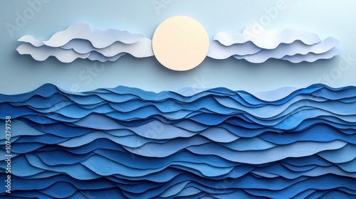 Serene paper cut landscape, ocean waves and radiant sun artwork for tranquil decorative design