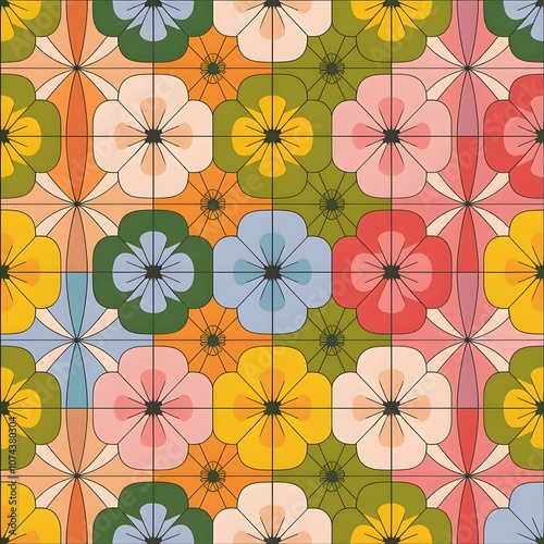 Repeating Seamless Flower Wallpaper Pattern with Four Distinct Colors