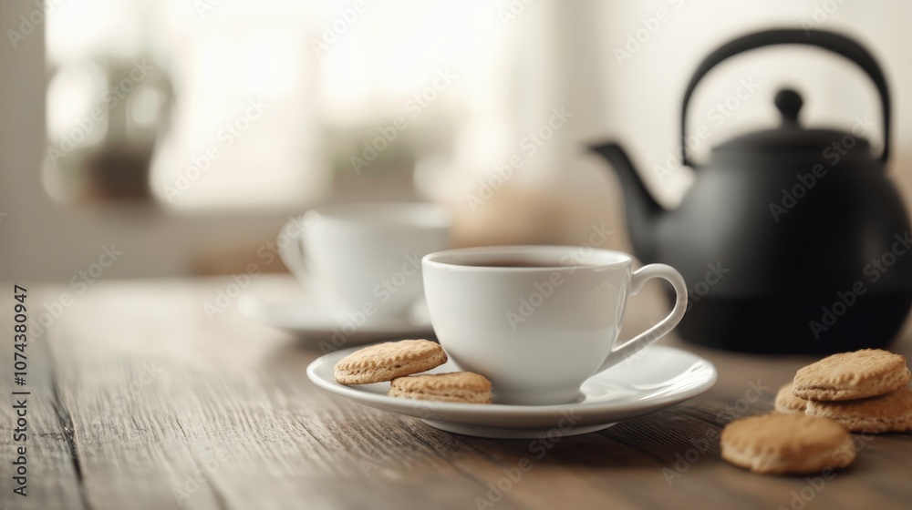 Warm and inviting scene featuring a cup of tea, biscuits, and a kettle, perfect for cozy moments and relaxation. Warm and inviting scene featuring a cup of tea, biscuits, and a kettle, perfect for cozy moments and relaxation.
