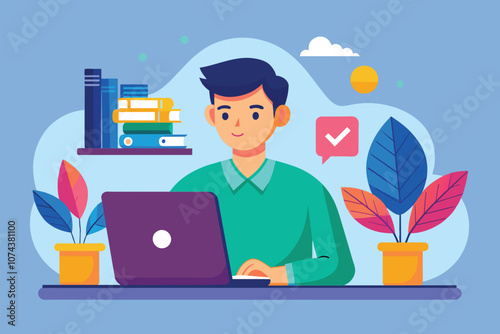 A man focused on his computer, participating in online learning while surrounded by books and plants, Man using computer for online learning, flat illustration.