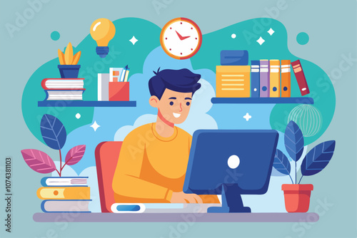 A man focuses on his computer for online learning, surrounded by books, plants, and a wall clock, Man using computer for online learning, flat illustration.