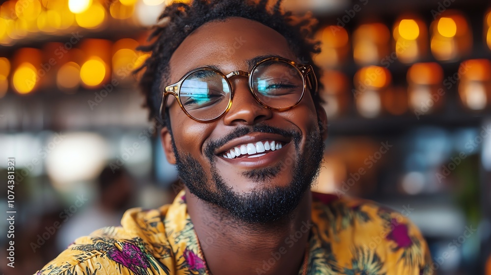 Obraz premium Cheerful man with glasses smiling warmly against a blurred background.