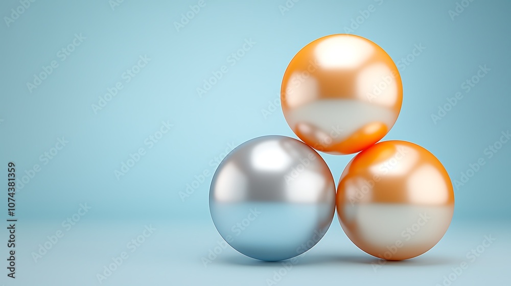 Discover how three reflective spheres create a stunning visual harmony on a soft blue background Discover how three reflective spheres create a stunning visual harmony on a soft blue background
