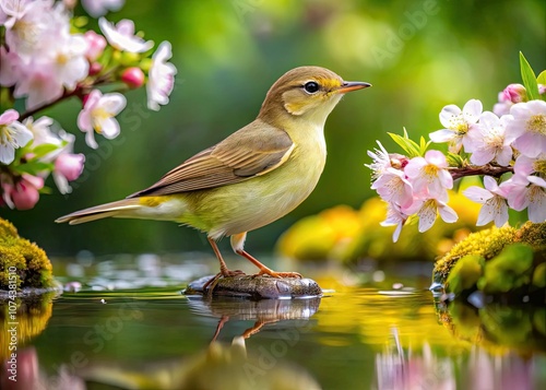 Observe the Icterine Warbler near a serene spring pond, highlighting Hippolais icterina in a blossoming landscapeâ€”great for birdwatching, celebrating wildlife, and springtime elegance. photo