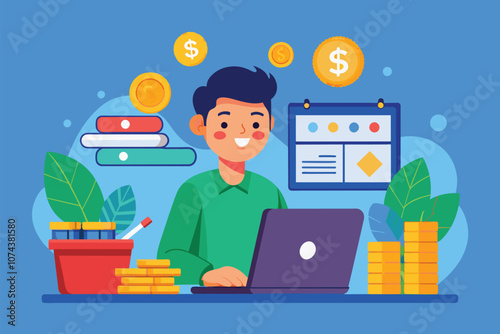 A man sits at a desk with a laptop, counting money in a lively workspace filled with greenery, Man using laptop to count money, flat illustration.