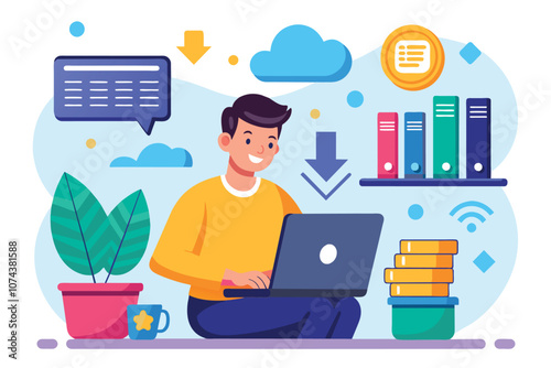 A man is working on his laptop, managing data uploads and downloads in a vibrant office environment, Man using laptop to backup, upload, and download database. Illustration is flat.