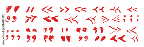 Set of quotation marks symbols. Red crayon handwritten text signs. Collection of icons for quoting statements, direct speech in speech bubble. Vector sketch or graffiti style of punctuation marks