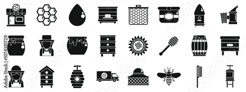 Apiculture business icons set. Black and white icons representing various aspects of beekeeping, honey production, and related equipment