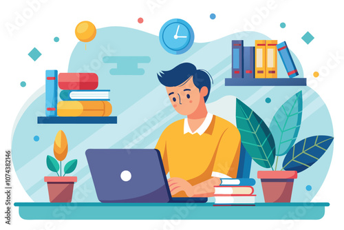 A man focuses on his laptop while studying online, surrounded by books and plants in a cozy space Man using laptop to study online, flat illustration