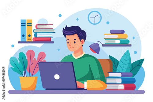 A young man is engaged in online study at home, surrounded by books and a clock Man using laptop to study online, flat illustration