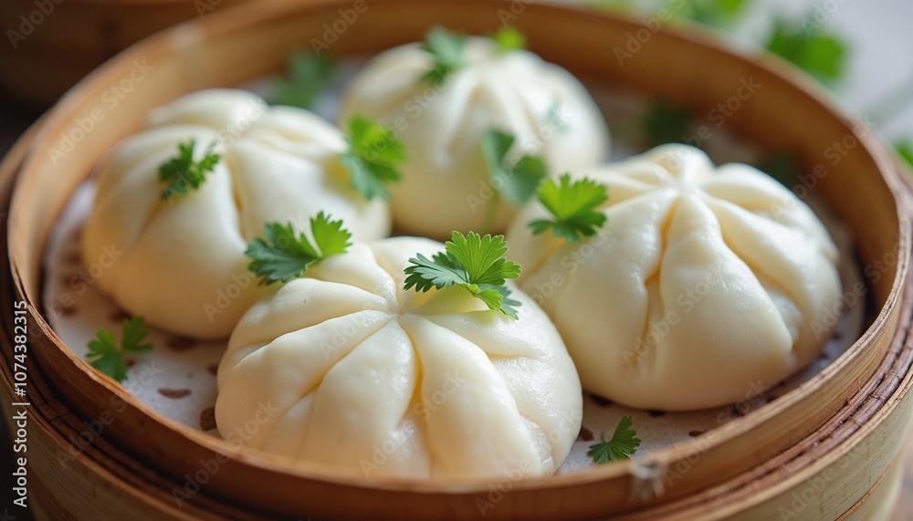 Steamed Dumplings with Fresh Cilantro in Bamboo Basket for Asian Cuisine