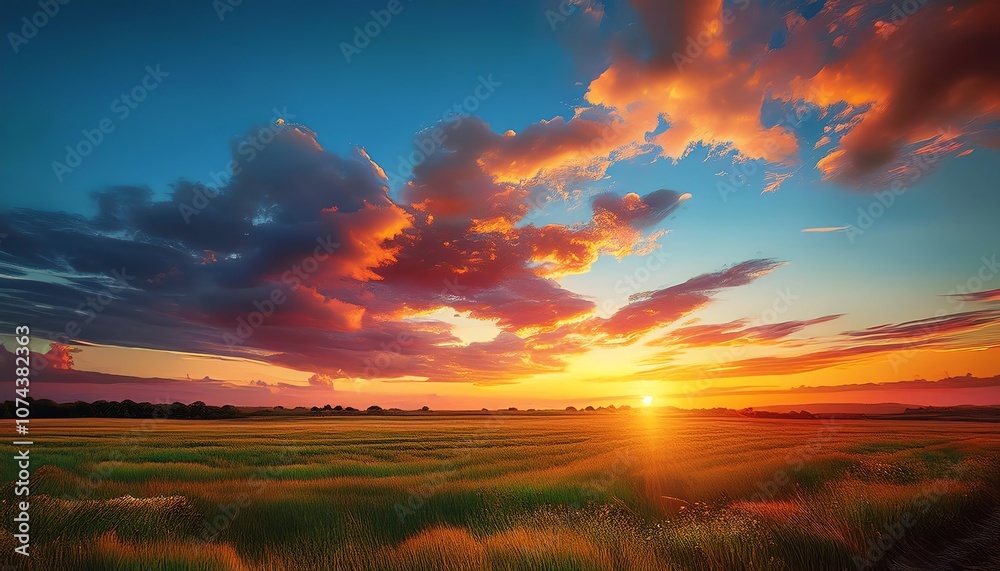 Obraz premium Description A breathtaking sunset casts vibrant colors across a field, with dramatic clouds framing the horizon and the sun glowing warmly.