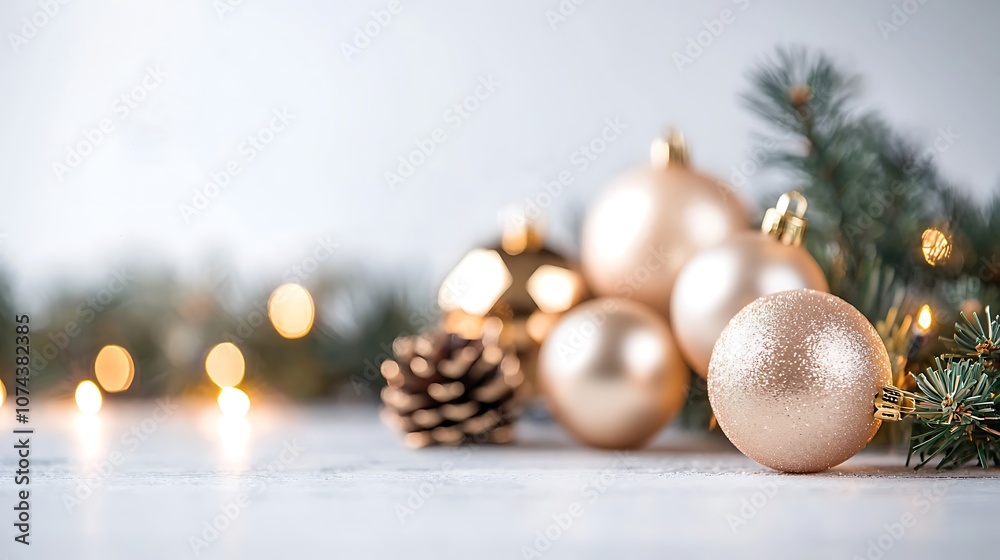 Create a warm and inviting christmas atmosphere with elegant golden ornaments and pine decorations Create a warm and inviting christmas atmosphere with elegant golden ornaments and pine decorations