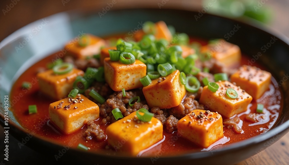 Spicy Mapo Tofu with Vibrant Colors Served in Rustic Bowl Spicy Mapo Tofu with Vibrant Colors Served in Rustic Bowl