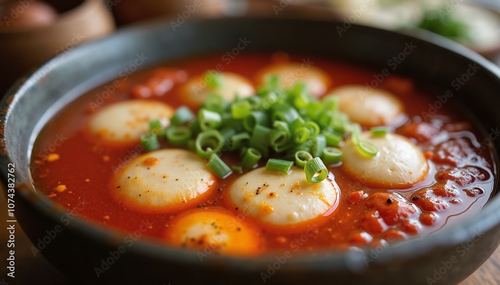 Spicy Fishball Soup with Vibrant Green Onions in Rich Red Broth Spicy Fishball Soup with Vibrant Green Onions in Rich Red Broth