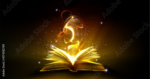 Magic book with golden light and shimmering stars. Open pages with bright glowing streams and mystical sparkles on dark background. 3d vector fantasy storytelling and magical education content.