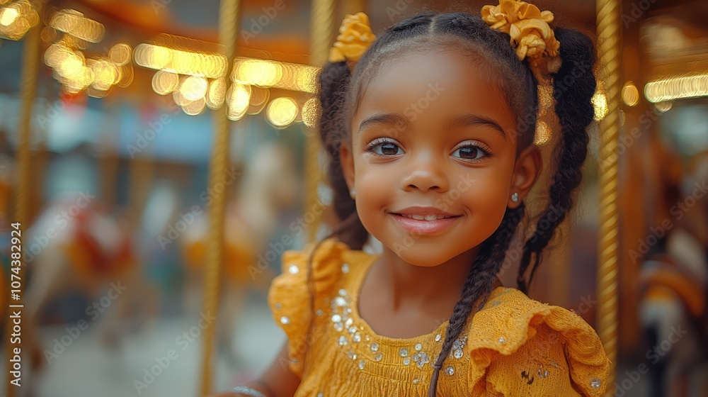 A little girl smiles happily as she rides a carousel.