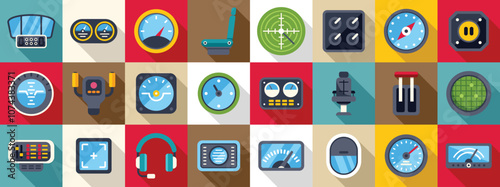 Airplane cockpit icons set. Colorful flat design icons of airplane cockpit instruments, controls, and pilot interface elements, providing essential flight data and navigation tools