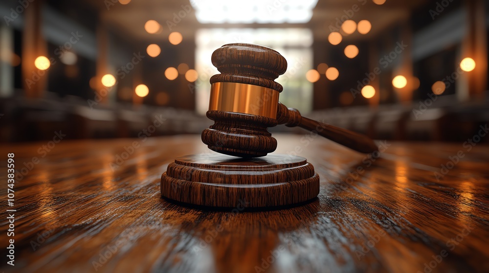 Wooden gavel resting on a polished table in a courtroom. Wooden gavel resting on a polished table in a courtroom.