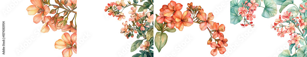 Floral Corner Frame of Jatropha Flower in Vibrant Pink Orange and Red Tones Decorative Botanical Border with Lush Foliage and Blooming Floral Elements for Elegant Design Invitation or Greeting Card Floral Corner Frame of Jatropha Flower in Vibrant Pink Orange and Red Tones Decorative Botanical Border with Lush Foliage and Blooming Floral Elements for Elegant Design Invitation or Greeting Card