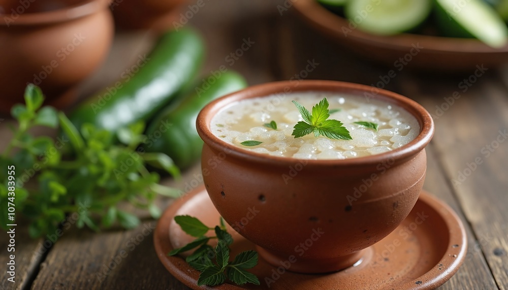 Refreshing Yogurt Raita in Rustic Clay Bowl Garnished with Herbs on Wooden Table Refreshing Yogurt Raita in Rustic Clay Bowl Garnished with Herbs on Wooden Table