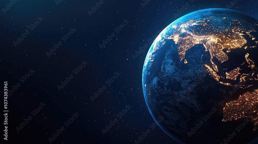 Fototapeta premium Earth view from space illuminated by city lights against a dark background.