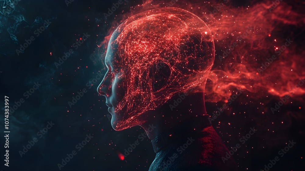 Side profile of a man with transparent head, glowing red neural visuals inside, futuristic energy flowing around, dark sci-fi background, cyberpunk, glow effects, digital painting